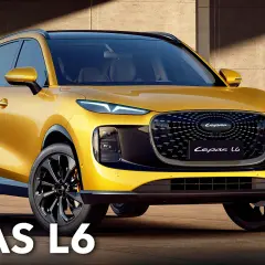 Un SUV giallo brillante, il Lepas L6, con un design audace e fari a LED affilati, si presenta con grinta.