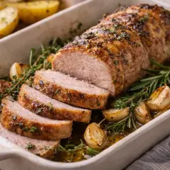 Délicieux filet mignon fumé, prêt à être dégusté. Une recette simple pour un plat savoureux, accompagné de pommes de terre rôties et d'ail.