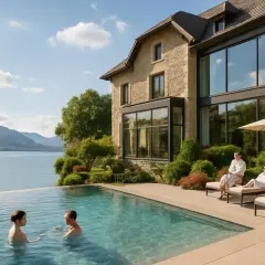 Piscine à débordement devant un hôtel de luxe avec vue sur le lac et des personnes en peignoir détendant sur des chaises longues.