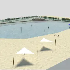 Relaks nad zalewem Cieszanowice: piaszczysta plaża, wodne atrakcje i wypoczynek pod białymi parasolami.