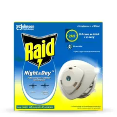 Elektrofumigator Raid Night&Day do gniazdka zapewnia 240 godzin ochrony przed komarami, działając dzień i noc.