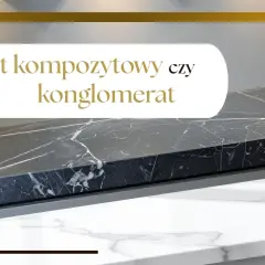 Ciemny blat kompozytowy lub konglomerat z białymi żyłkami na tle jasnego blatu.