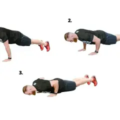 Trzy etapy pompki: start, opuszczanie i dół. W tym ćwiczeniu pracują klatka piersiowa, triceps i barki.