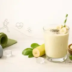 Zdrowy koktajl bananowy po treningu. Obok leżą hantle i mata do ćwiczeń.