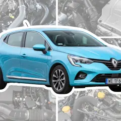 Niebieskie Renault Clio na tle silników. Poznaj szczegółowe clio dane techniczne i odkryj moc pod maską.