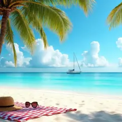 Idealne miejsce, gdzie jest ciepło w lutym: piaszczysta plaża, palmy, turkusowa woda i żaglówka na horyzoncie. Na ręczniku leży słomkowy kapelusz i okulary przeciwsłoneczne.