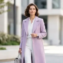 Elegancka kobieta w płaszczu w kolorze liliowym, białej koszuli i spodniach, idzie ulicą z torebką.