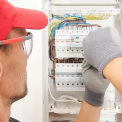 Elektryk w czerwonej czapce i rękawicach pracuje przy skrzynce z przewodami.