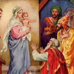 Trzej królowie oddają pokłon Dzieciątku Jezus. Król Kacper, w żółtej szacie, klęczy przed Maryją i Jezusem.