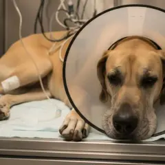 Perro con collar isabelino y vías intravenosas, recuperándose de una posible torsión gástrica.