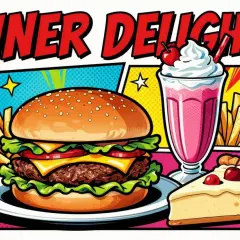 A vibrant pop art food scene featuring a juicy burger, fries, a pink milkshake, and a slice of pie, all under the bold "Diner Delights" title.