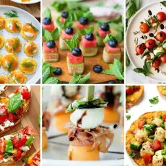 Kolorowe przekąski idealne na grilla: mini tartinki z łososiem, szaszłyki z arbuzem i borówkami, caprese na patyczkach, bruschetty, melon z mozzarellą i prosciutto, quesadillas z kurczakiem.
