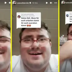 Mann mit Brille reagiert auf Kommentare, darunter "Hartz und Herzlich Kommentare", die ihn zum Lachen bringen.