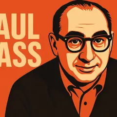 A stylized portrait of Saul Bass, with his name in large letters to the left. This graphic style evokes the iconic Saul Bass logos he created.