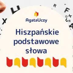 Nauka hiszpańskie podstawowe słowa z AgataUczy. Obok usta i litery w tle.