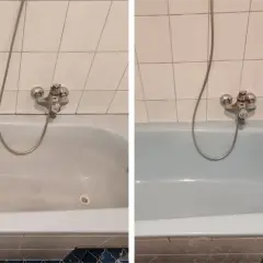 Vorher-Nachher-Vergleich: Eine schmutzige Badewanne wird strahlend sauber. Das Ergebnis nach dem **Badewanne reinigen** ist beeindruckend.