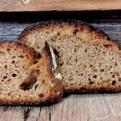 Zwei Scheiben rustikales Brot liegen auf Holz. Die Kruste ist dunkel und knusprig, das Innere luftig. Ein Beweis für gelungenes Brot backen.