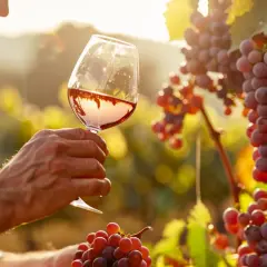 Uomo con bicchiere di vino rosato in vigneto, tra grappoli d'uva matura. Un assaggio delle tenute Chianti al tramonto.