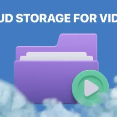 A purple folder icon with a play button, symbolizing cloud storage for videos, floats among soft clouds against a blue sky.