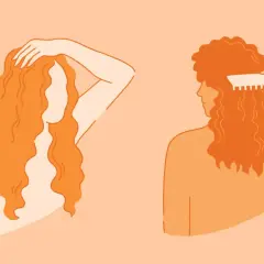 Illustration of two women with wavy orange hair, one spraying her hair, the other combing it.