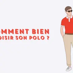 Un homme porte un polo rouge et un pantalon beige. Le texte "COMMENT BIEN CHOISIR SON POLO ?" est affiché.