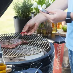 Un steak Black Angus, assaisonné d'herbes et de poivre, cuit sur un barbecue. Un thermomètre vérifie la cuisson parfaite.
