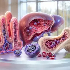 Villi intestinali, fegato e midollo osseo mostrano l'impatto della celiachia e del ferro basso, con globuli rossi e particelle viola che simboleggiano carenze.