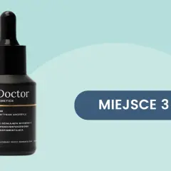 Czarny flakon serum z tetraizopalmitynianem askorbylu, produktem opracowanym przez dermatologa. Napis "MIEJSCE 3".