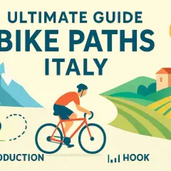 Illustration of a cyclist on a path through Italian countryside with mountains and vineyards.
