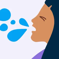 Profil d'une personne toussant, avec des gouttelettes bleues projetées. Conseils pour savoir comment faire passer une toux.