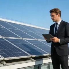 Biznesmen analizuje dane na tablecie przy panelach fotowoltaicznych. Inwestycja w fotowoltaikę w koszty firmy to krok w stronę zielonej energii.