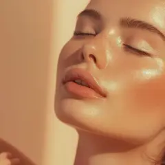 Skóra młodej kobiety lśni od ciepłego światła, podkreślając jej naturalny, lekko wilgotny fluid.