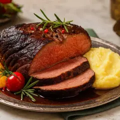 Saftiges Brasato al Barolo, zart geschnitten, serviert mit cremigem Kartoffelpüree und garniert mit Rosmarin und Kirschtomaten.