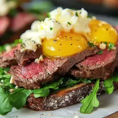 En lyxig bookmaker toast med saftig biff, rucola, två perfekt stekta ägg och en klick potatismos.
