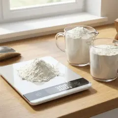 Waga kuchenna z mąką, szklane miarki z mąką i metalowa łopatka.