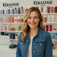 Mujer sonriente frente a estantes de productos Kérastase, mostrando variedad de tipos de mechas y tratamientos capilares.