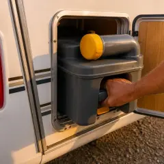Maintenant, je retire le réservoir d'eau grise du camping-car pour le vider.