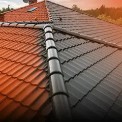 Dwa kolory dachówek na dachu, z gąsiorem dachowym pośrodku. Jedna strona jest pomarańczowa, druga ciemnoszara.