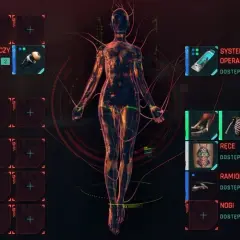 Interfejs ripperdoca pokazuje cybernetyczne ulepszenia ciała: mózg, oczy, szkielet, ręce, nogi i skórę.