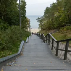 Schody prowadzące na plażę, jak ścieżka do Jastrzębiej Góry, Gwiazdy Północy. Las po bokach, morze w oddali.