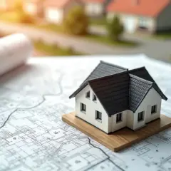 Model domu na planach architektonicznych, zapowiadający budowę nowych domów z ogrodami.