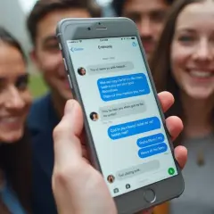 Grupa przyjaciół śmieje się, gdy jeden z nich pokazuje telefon z rozmową. Dowiedz się, jak zrobić ankietę na Messengerze, by zorganizować wspólne wyjście.