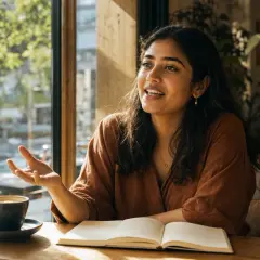 Donna sorridente parla, con un libro aperto e una tazza di caffè. Sembra avere idee *amazing* e *awesome*.