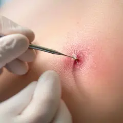 Main d'un chirurgien en gant manipulant une aiguille pour retirer un point de suture résorbable infecté.
