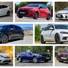 Varios coches, algunos son glp o híbrido. Destacan un Toyota Yaris rojo, un Lexus ES rojo y un Honda Civic blanco.