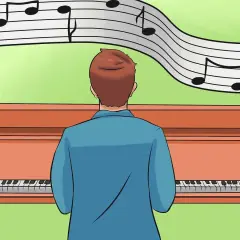 Un pianiste joue devant un piano, une partition de musique flottant au-dessus, avec une note tonique bien visible.