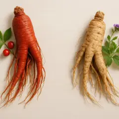 Två ginsengroter, en röd med bär och en ljus med blommor. Tänk på ginseng biverkningar vid användning.