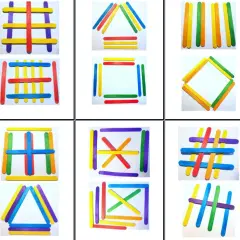 Kolorowe patyczki tworzą różne figury geometryczne i wzory. To kreatywna gra z patyczkami, która rozwija wyobraźnię.