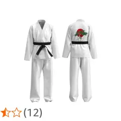 Białe kimono dla dzieci z czarnym pasem i ozdobnym haftem drzewa na tle czerwonego słońca na plecach.