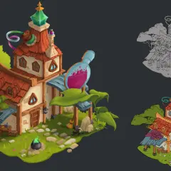 Magiczna chatka alchemika, gdzie w kociołku bulgocze eliksir, a nad wejściem wisi gigantyczna butelka z różową miksturą. To serce zatoki kupców.